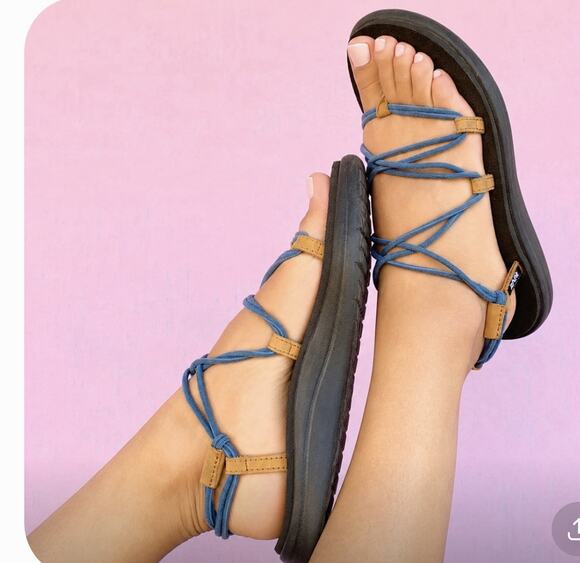 Teva Shoes - Teva Voya Infinity Womens 8 Strappy Sandals Blue Tan Leather Accents